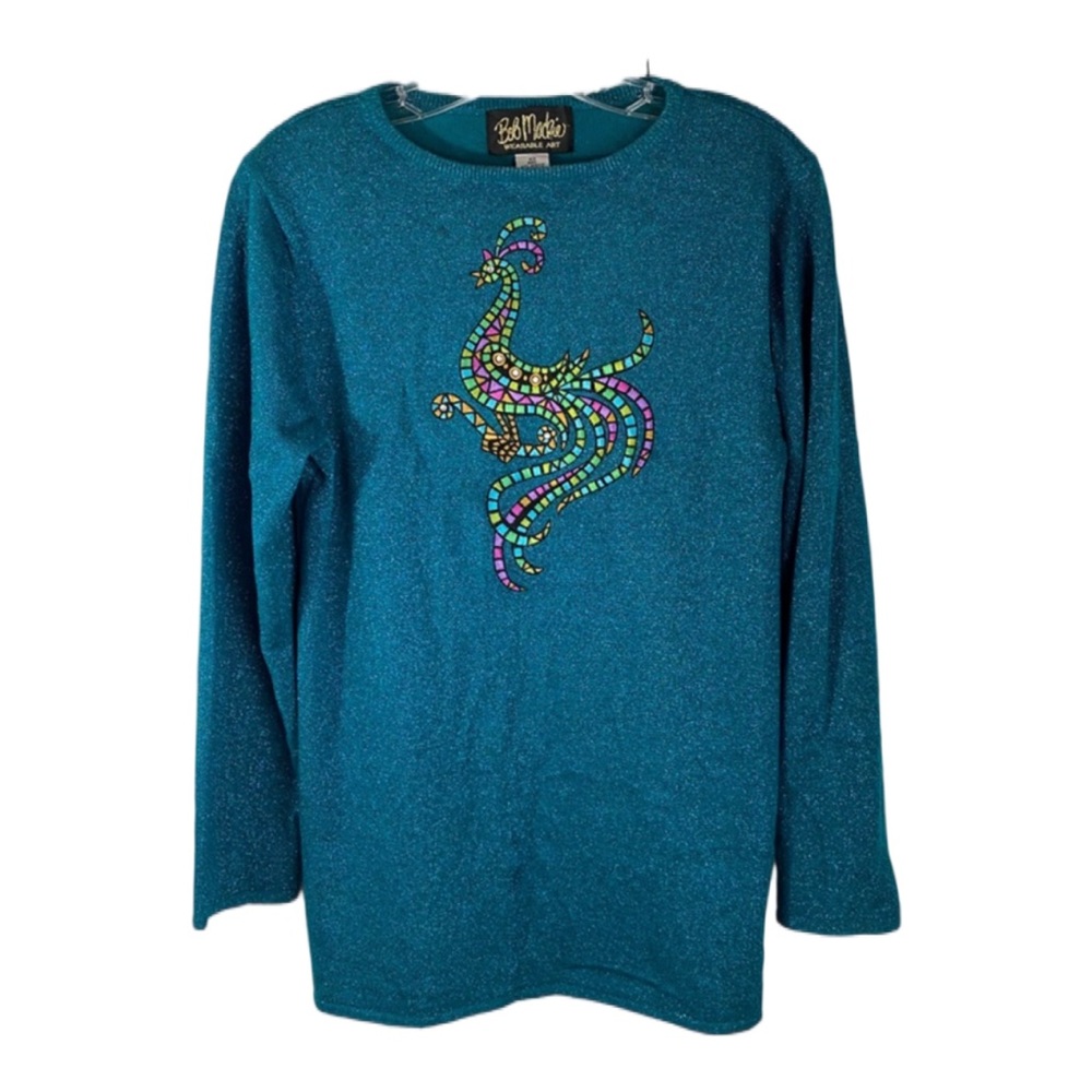 Bob Mackie XS Blue Embroidered Peacock Metallic Turquoise‎ Sweater